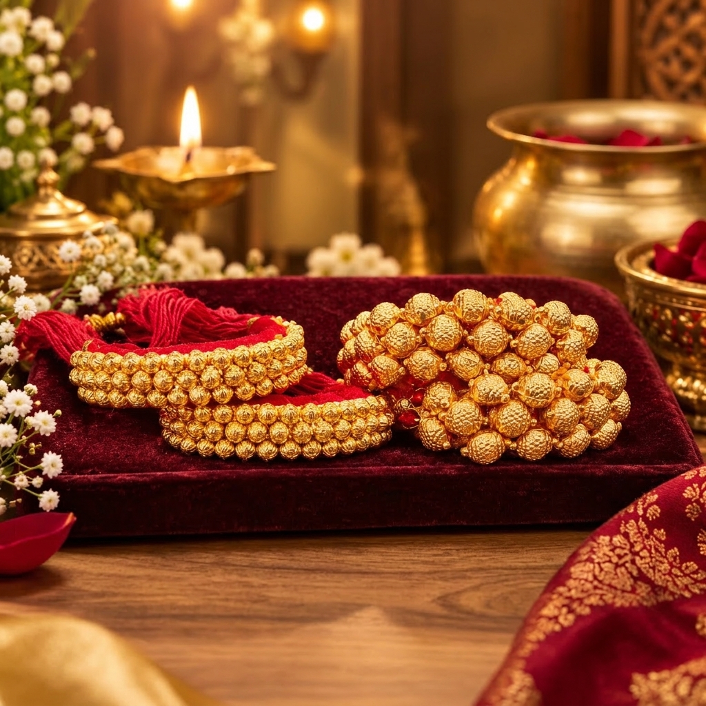 Traditional handcrafted 22 Karat Ponchi on red velvet at Uttrakhand Jewellers