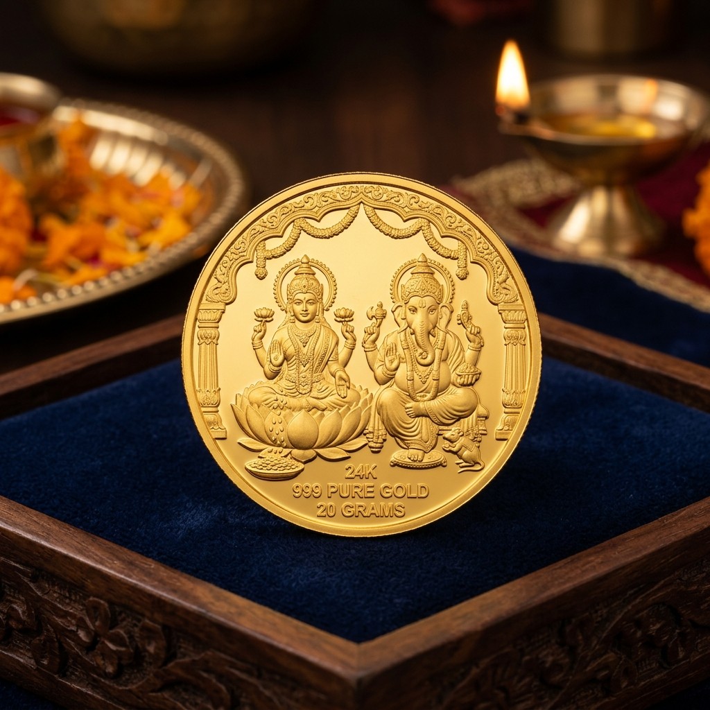24K pure gold Lakshmi Ganesh coin on navy velvet for Diwali at Uttrakhand Jewellers
