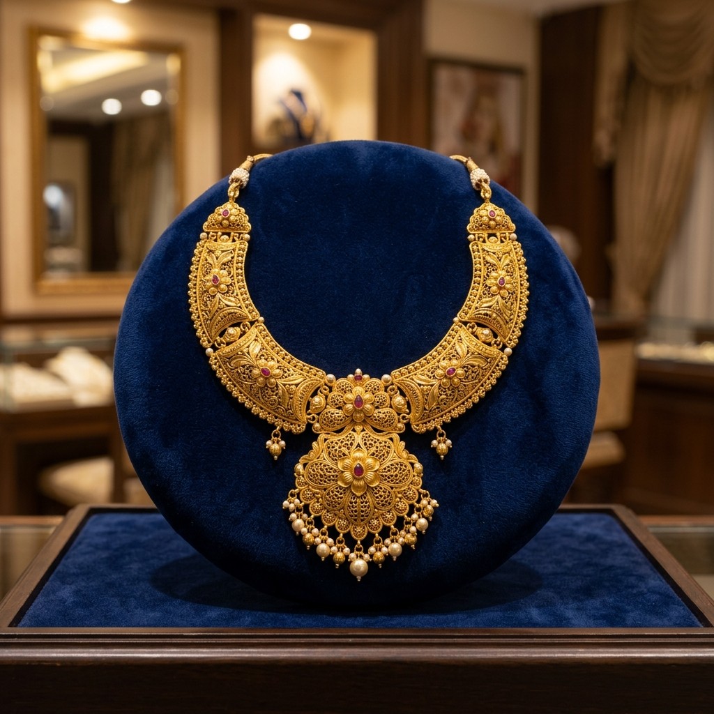Traditional handcrafted gold necklace on royal navy velvet at Uttrakhand Jewellers