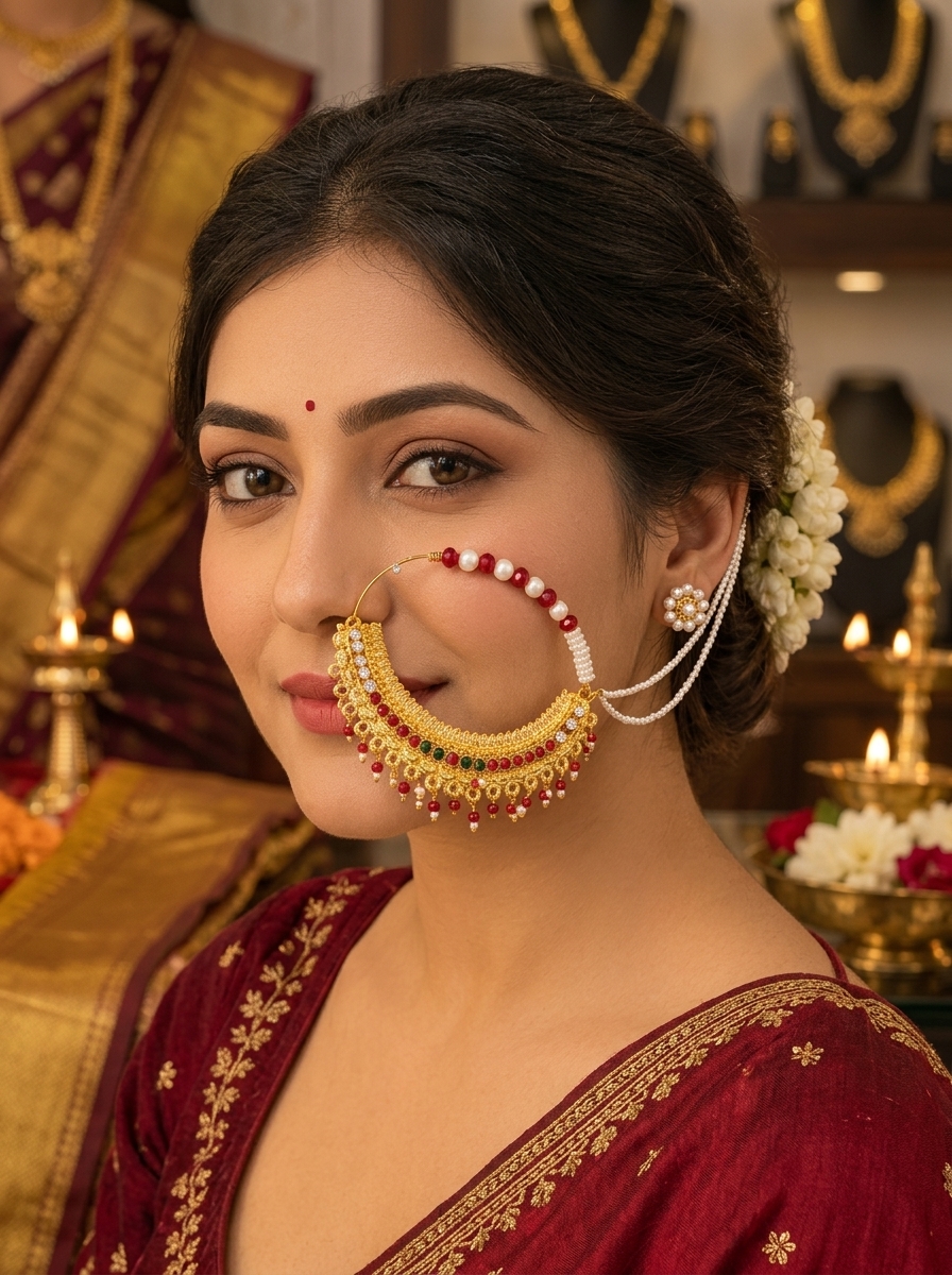 Traditional 22 Karat Tehri Nath worn by an Indian bride at Uttrakhand Jewellers, Dehradun