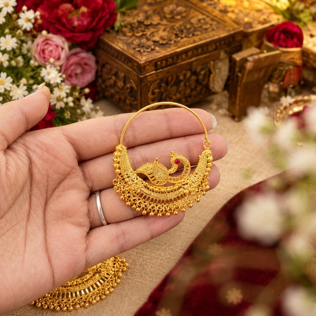Handcrafted 22 Karat peacock motif gold nath from Uttrakhand Jewellers