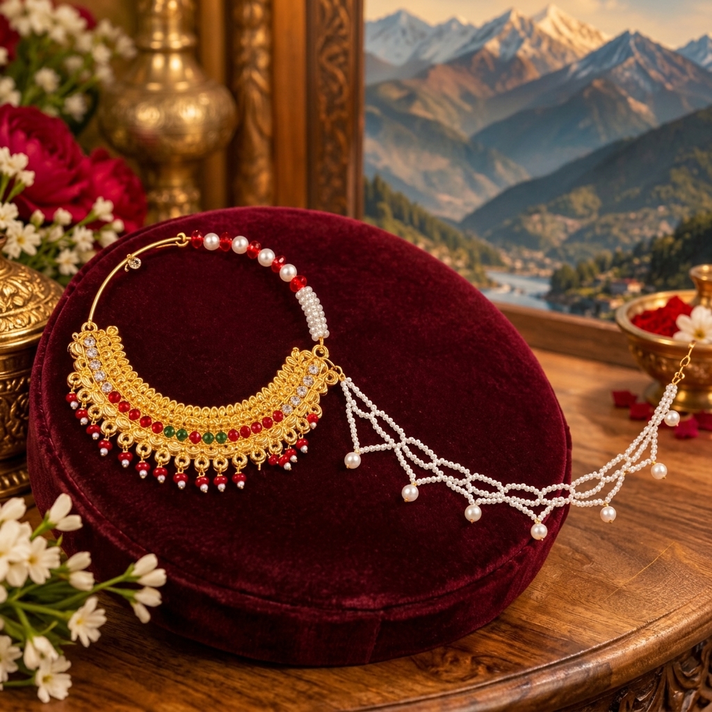 Traditional 22 Karat Tehri Nath with pearl chain on velvet at Uttrakhand Jewellers